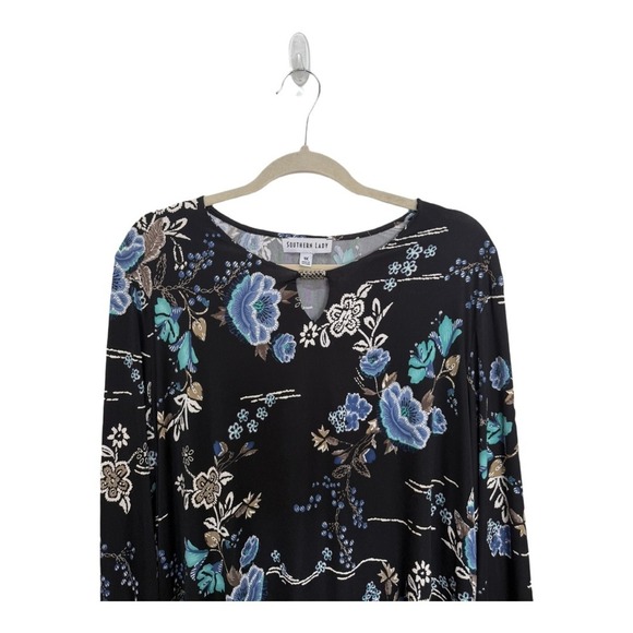 Souther Lady Black Texture Floral Long Sleeve Blouse Keyhole Cutout Plus Size 1X - Picture 2 of 6